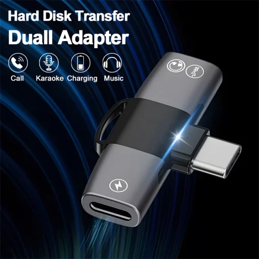 Adaptador de carga OTG 2 en 1 USB-C a USB-C y jack AUX