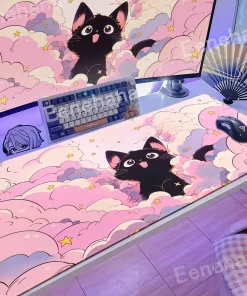 Alfombrilla de Ratón Teclado Nubes Gato Negro Kawaii