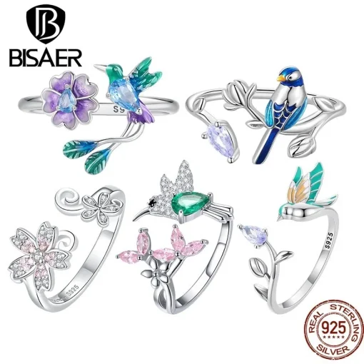 Anillo abierto de plata esterlina 925 BISAER con pájaro floral