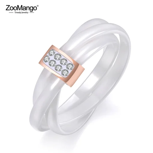 Anillos de boda de cristal de cerámica blancanegra de 3 capas ZooMango