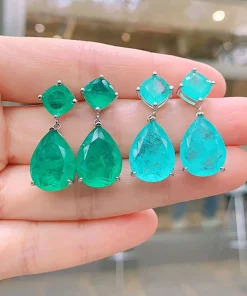 Aretes colgantes grandes de turmalina, esmeralda y Paraiba plateados para mujer