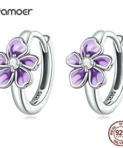 Aretes de aro con flor violeta de plata de ley 925 auténtica BAMOER