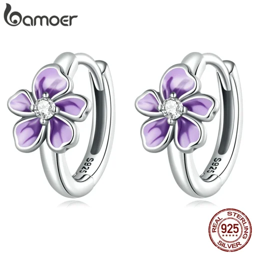 Aretes de aro con flor violeta de plata de ley 925 auténtica BAMOER