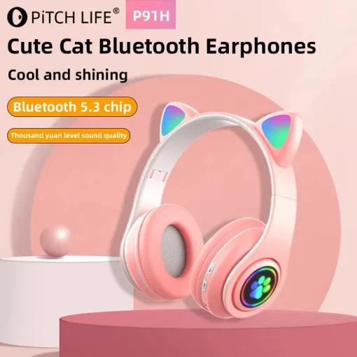 Auriculares inalámbricos de BT con forma de gato, micrófono y luz