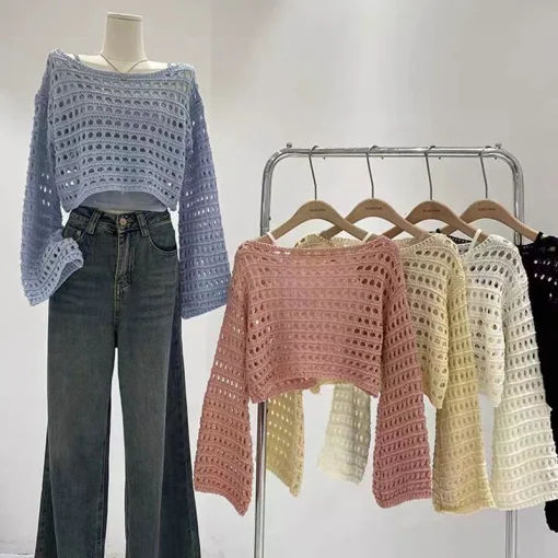 Blusa de punto de manga larga a crochet