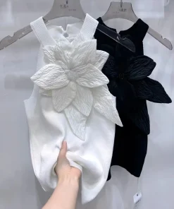 Blusa de punto sin mangas elegante floral diamantes 3D blanco y negro primavera verano 2024