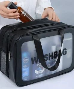 Bolsa de maquillaje de PU doble transparente con separación en seco y húmedo