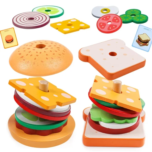 Burger de madera, juguetes apilables para niños