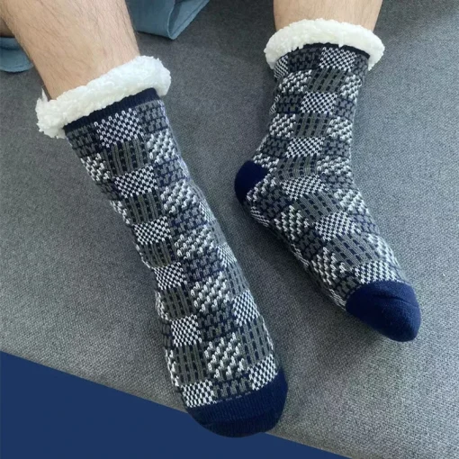 Calcetines suaves antideslizantes para hombre, a cuadros, cálidos para invierno, cortos, de algodón grueso, térmicos y suaves para dormir en casa, antideslizantes para el suelo