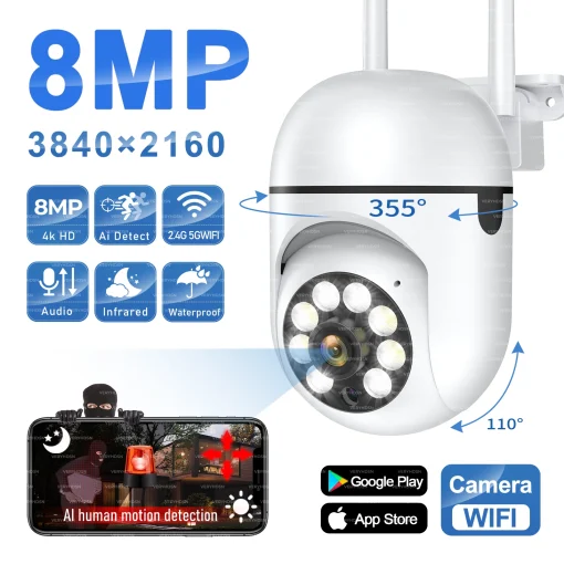 Cámara PTZ de Vigilancia Inalámbrica IP Externa 8MP Wifi 4X Zoom