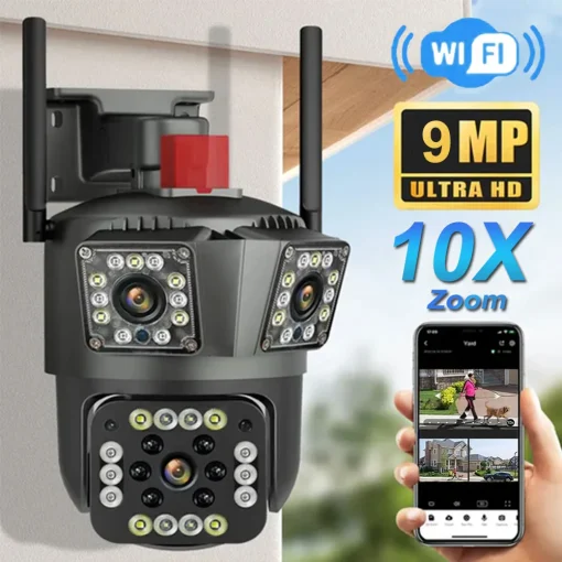 Cámara PTZ exterior IP WiFi tres pantallas 12 MP