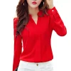 Camisa Manga Larga Mujer Moda Otoño Chifón Delgado Blusa Cuello V Coreano Elegante Oficina Camisas Blanco Rojo DF2324