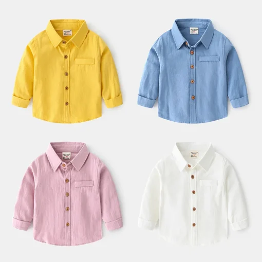 Camisa de manga larga para niños pequeños, camisa de color liso