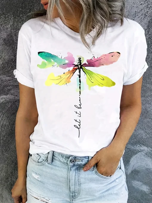 Camiseta Cuello Redondo Dragonfly Print, Primavera & Verano