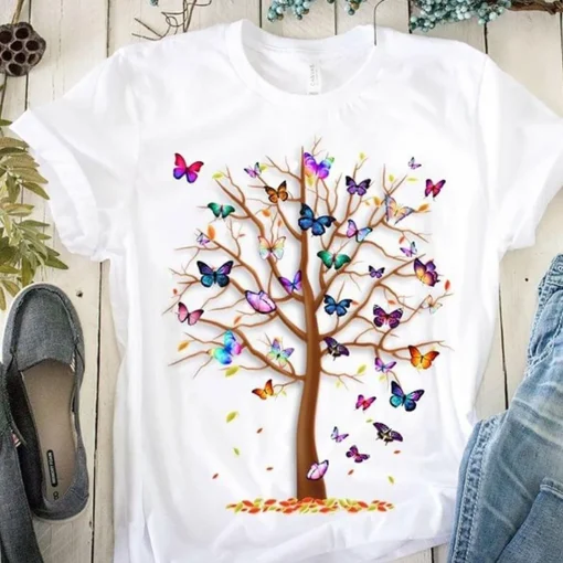 Camiseta Harajuku con estampado de árbol de mariposas para mujer