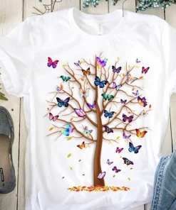 Camiseta Harajuku con estampado de árbol de mariposas para mujer