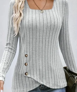 Camiseta ajustada acanalada con botón, Top casual de manga larga para primavera y otoño, Ropa de mujer