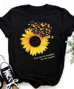 Camiseta casual para mujer Maycaur, estampado de girasol y mariposa kawaii