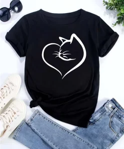 Camiseta casual para mujer, con estampado de corazón de gato, manga corta