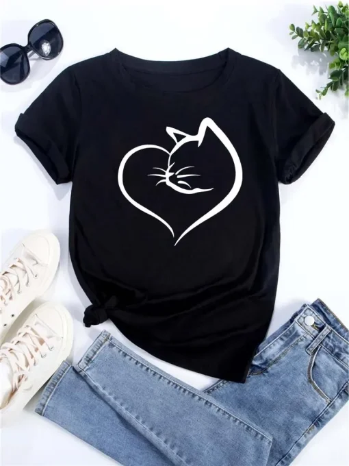 Camiseta casual para mujer, con estampado de corazón de gato, manga corta