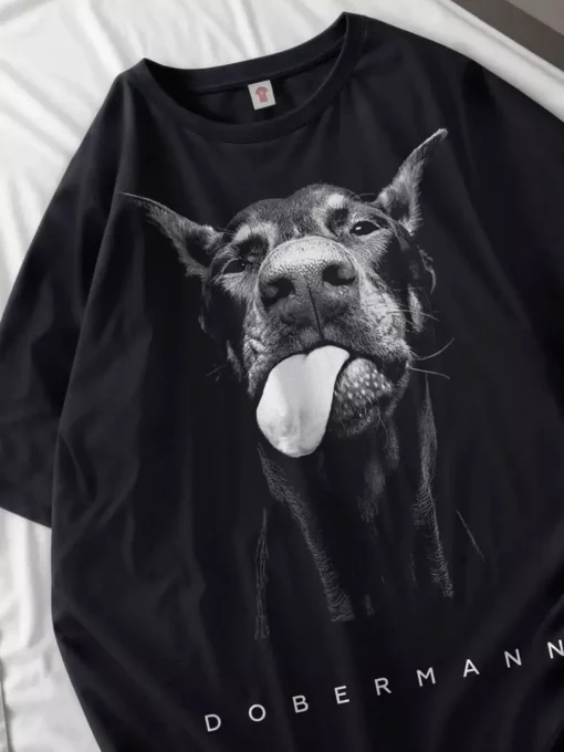 Camiseta de algodón Doberman, Tops holgados para mujer