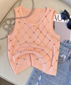 Camiseta sin mangas tejida con diamantes de imitación y cuello redondo para verano