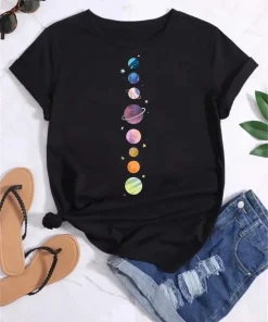 Camisetas Maycaur Mujer Luna Impresión Planeta Moda