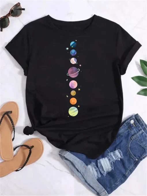 Camisetas Maycaur Mujer Luna Impresión Planeta Moda