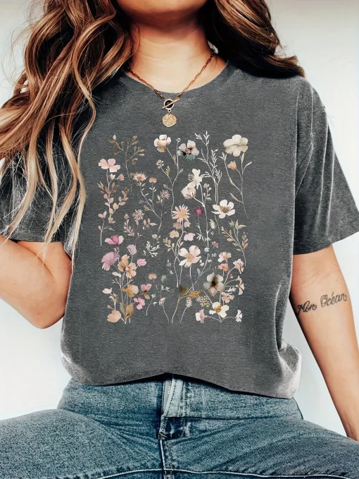 Camisetas vintage para mujer Harajuku con estampado de flores y plantas