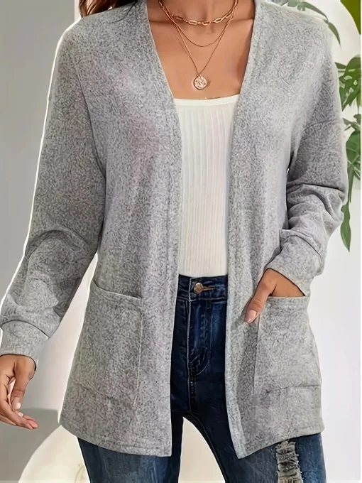 Chaqueta cardigan casual chic de otoño de talla grande con bolsillo y color sólido