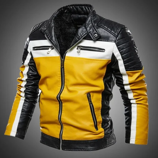 Chaquetas Biker de Cuero PU Amarillo para Hombre con Parches