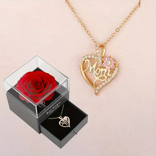 Collar con colgante de corazón de mamá con caja de regalo de rosas para cumpleaños, Navidad, regalo romántico 2024