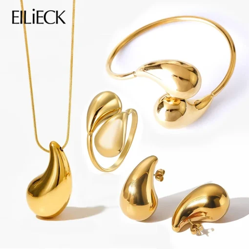 Collar, pulsera, aretes y anillo color oro de acero inoxidable 316L EILIECK