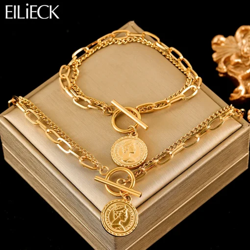 Collar y pulseras con colgante moneda retrato color oro EILIECK 316L de acero inoxidable para mujer, nuevo, de moda, hebilla OT, joyería impermeable