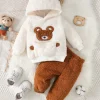 Conjunto de 2 piezas para recién nacidos, invierno, diario informal, lindo diseño de oso de peluche grueso, apto para viajes