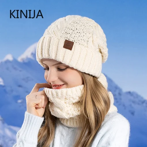 Conjunto de gorro y bufanda de punto de invierno para mujer