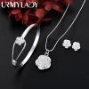 Conjunto de joyas de plata de ley 925 con dije de flor, arete y brazalete