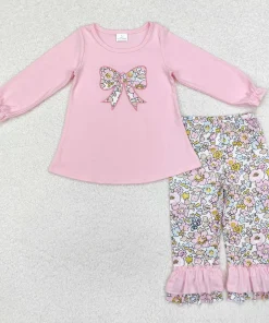 Conjunto de moda de boutique al por mayor de otoño para bebés y niñas con lazos bordados y pantalones florales