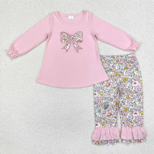 Conjunto de moda de boutique al por mayor de otoño para bebés y niñas con lazos bordados y pantalones florales