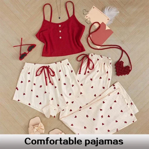 Conjunto de pijama de 3 piezas con chaleco, pantalón corto y pantalón con lazo