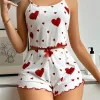 Conjunto de pijama informal para mujer con estampado de corazón, tirantes y escote redondo