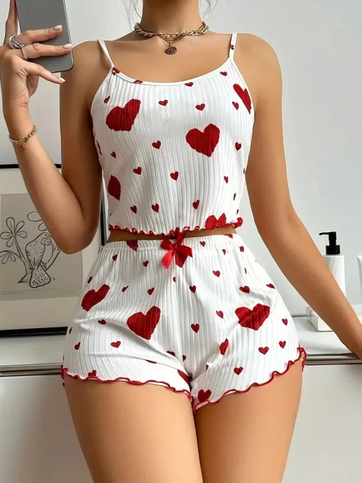 Conjunto de pijama informal para mujer con estampado de corazón, tirantes y escote redondo