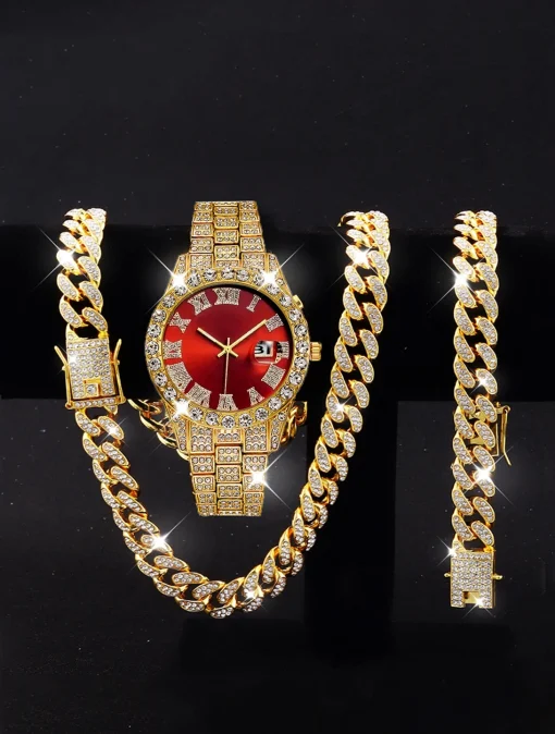 Conjunto de reloj de cuarzo y pulsera de cadena cubana de diamantes de imitación