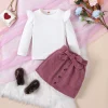 Conjunto de top blanco a rayas y cuello redondo y manga larga + falda casual marrón rojiza de dos piezas para niña de primavera y otoño