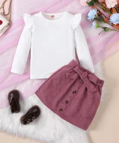 Conjunto de top blanco a rayas y cuello redondo y manga larga + falda casual marrón rojiza de dos piezas para niña de primavera y otoño