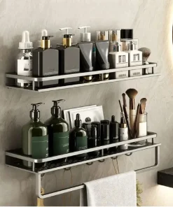 Estantería gris para baño con toallero y almacenaje cosmético