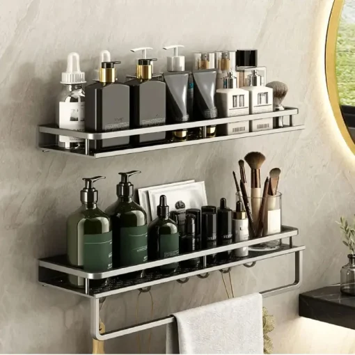 Estantería gris para baño con toallero y almacenaje cosmético