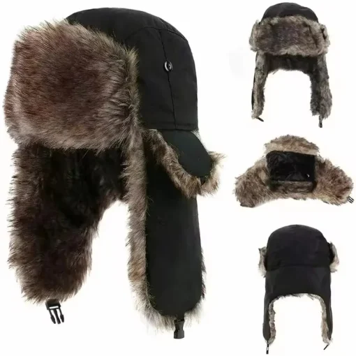 Gorra de aviador de invierno para hombre, de piel, orejeras, cálida, rusa