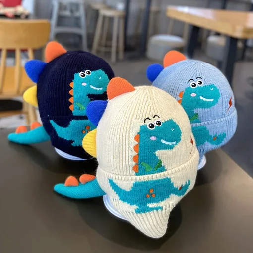 Gorro de invierno para bebé, con protección para las orejas, dinosaurio en 3D