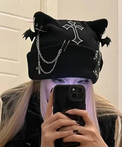 Gótico Grunge Oreja Gato Murciélago Ala Negro Gorro